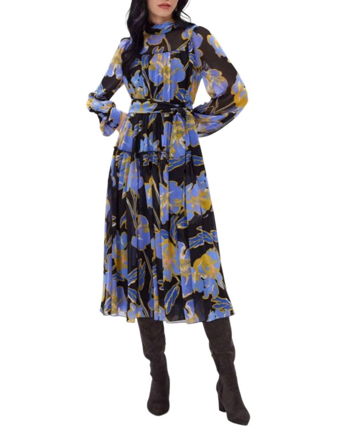 Style 1-788479269-1901 Diane von Furstenberg Size 6 High Neck Floral Blue Cocktail Dress on Queenly
