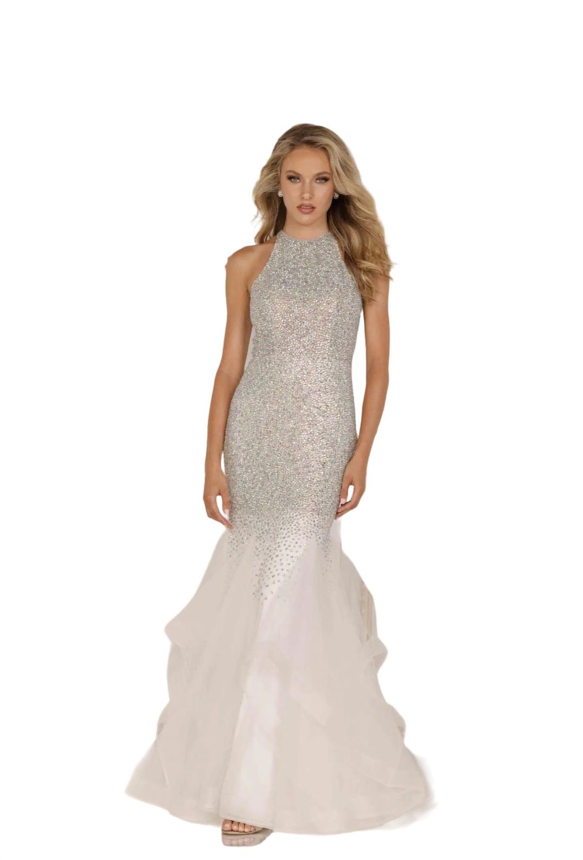 Style 1-829583989-1901 Terani Couture Size 6 Pageant Halter Silver Mermaid Dress on Queenly