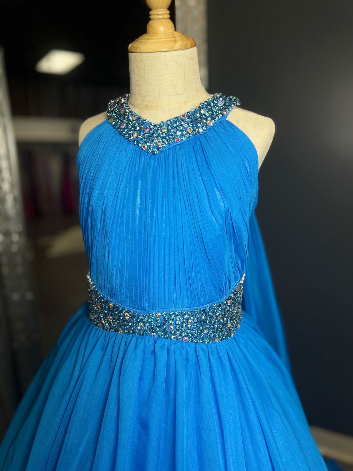 Style 1102 Samantha Blake Girls Size 10 Pageant High Neck Blue Dress With Train on Queenly