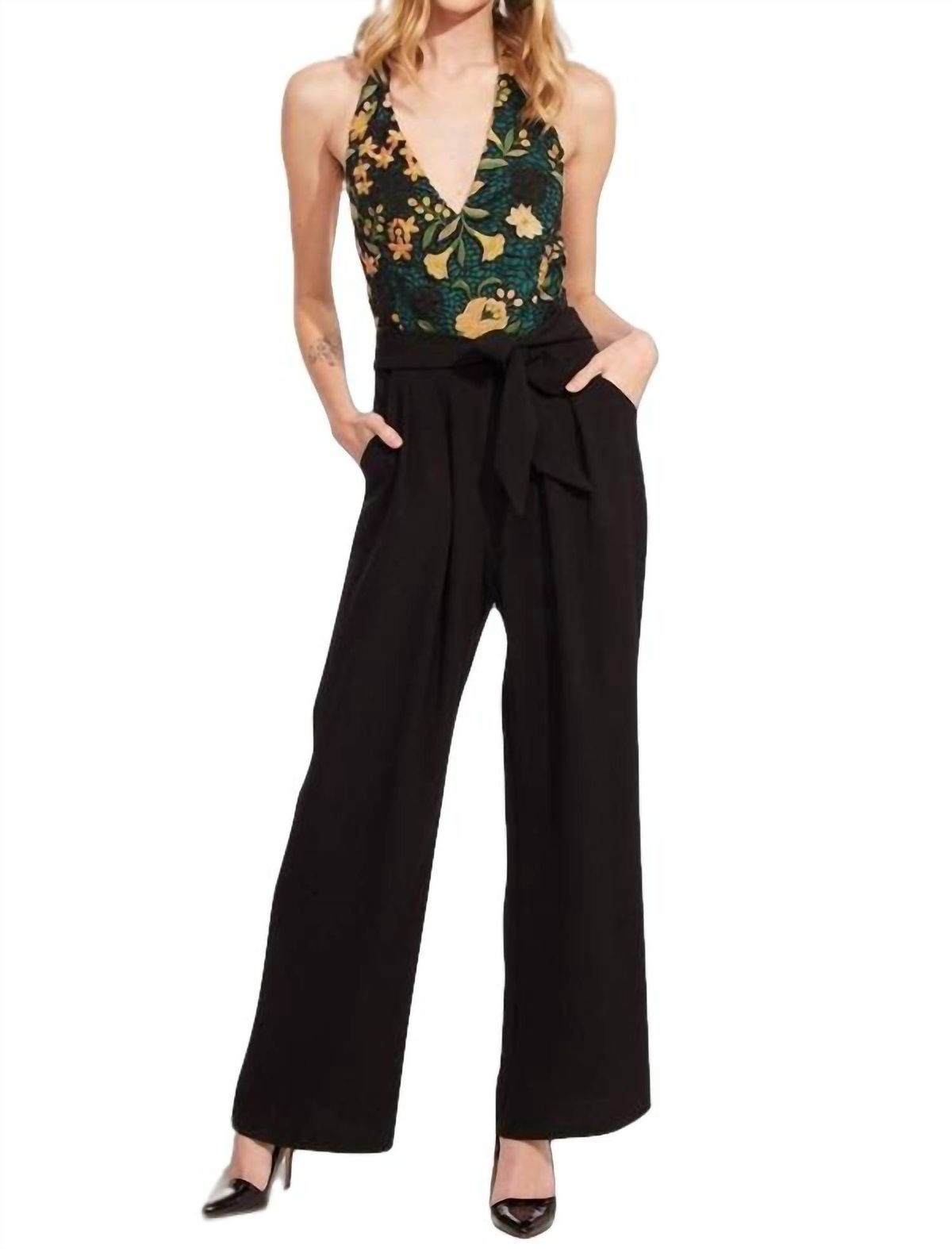 Style 1-1310151337-649 EVA FRANCO Size 2 Halter Floral Multicolor Formal Jumpsuit on Queenly