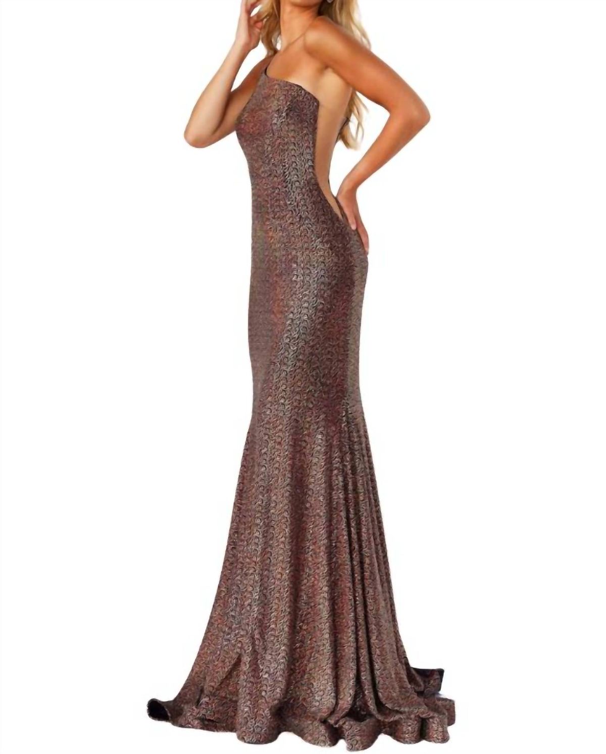 Style 1-2473845579-2168 JOVANI Size 8 Prom One Shoulder Sheer Gold Mermaid Dress on Queenly