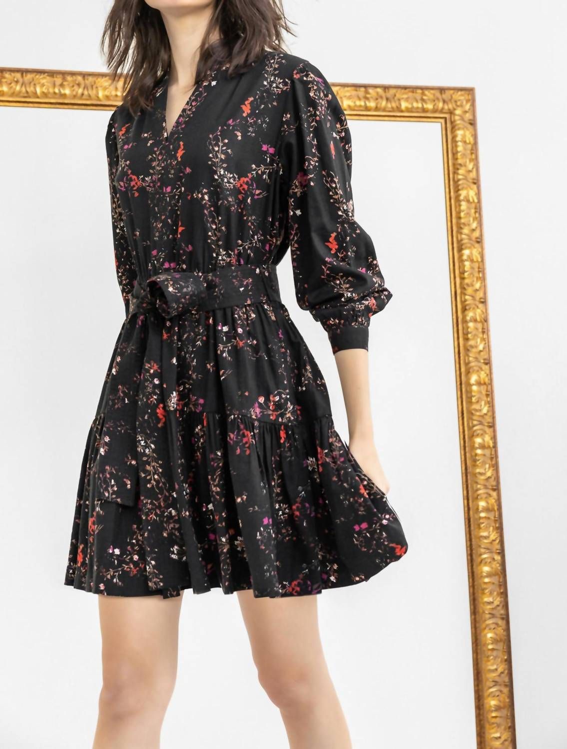 Style 1-4052519779-2696 Lilla P Size L Long Sleeve Floral Black Cocktail Dress on Queenly