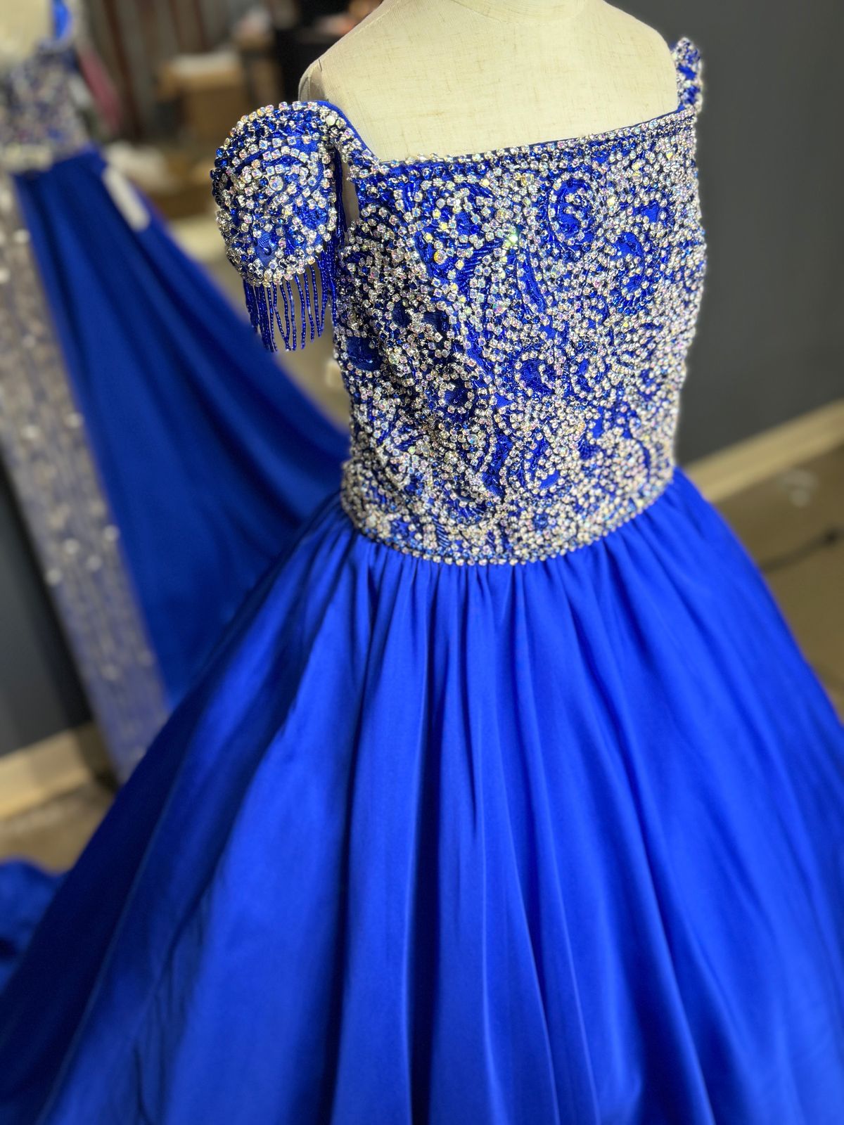 Style 0002 Samantha Blake Girls Size 8 Pageant Cap Sleeve Blue Ball Gown on Queenly