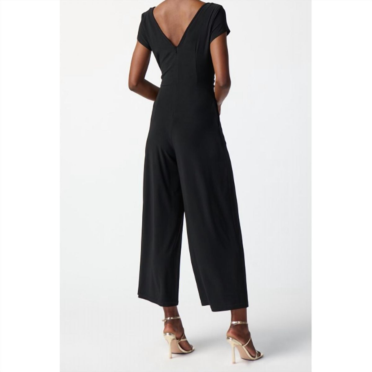 Style 1-4270305901-1901 Joseph Ribkoff Size 6 Cap Sleeve Satin Black Formal Jumpsuit on Queenly