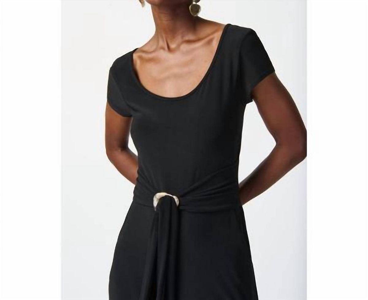 Style 1-4270305901-1901 Joseph Ribkoff Size 6 Cap Sleeve Satin Black Formal Jumpsuit on Queenly