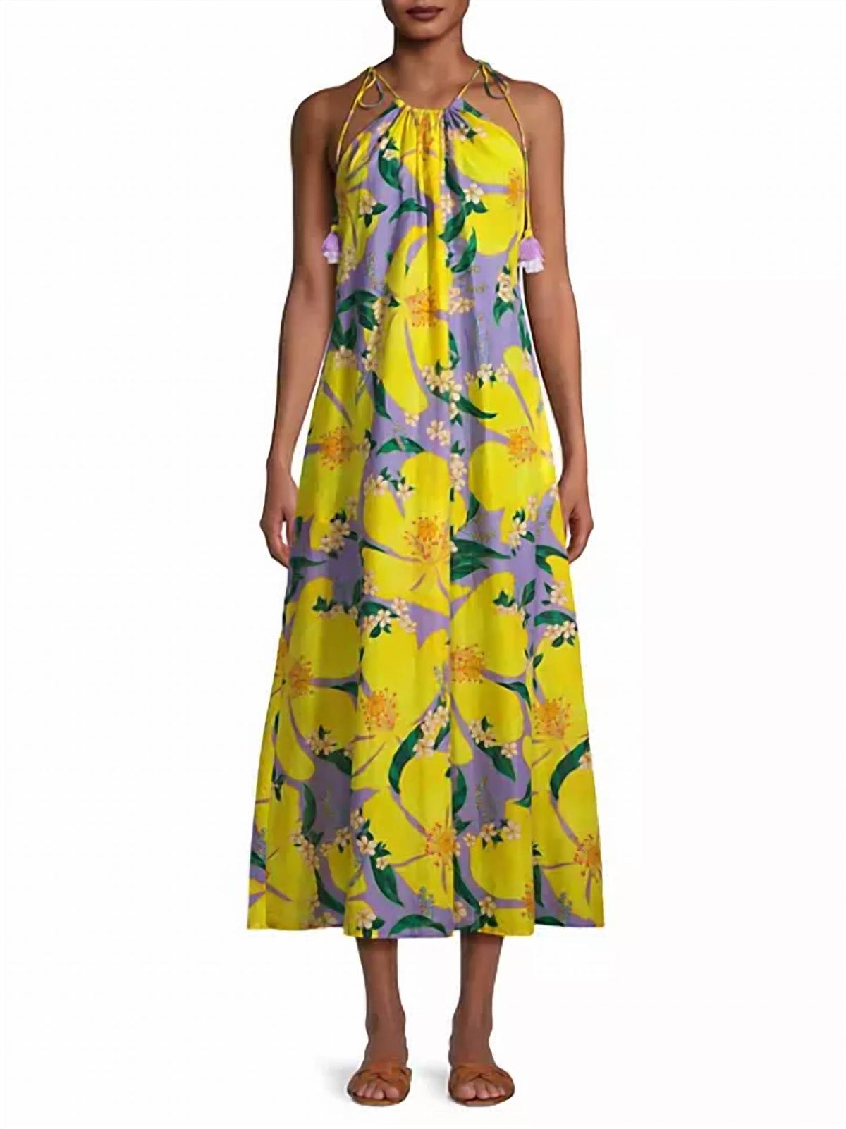 Style 1-988894292-2901 FARM RIO Size M Halter Floral Yellow Floor Length Maxi on Queenly