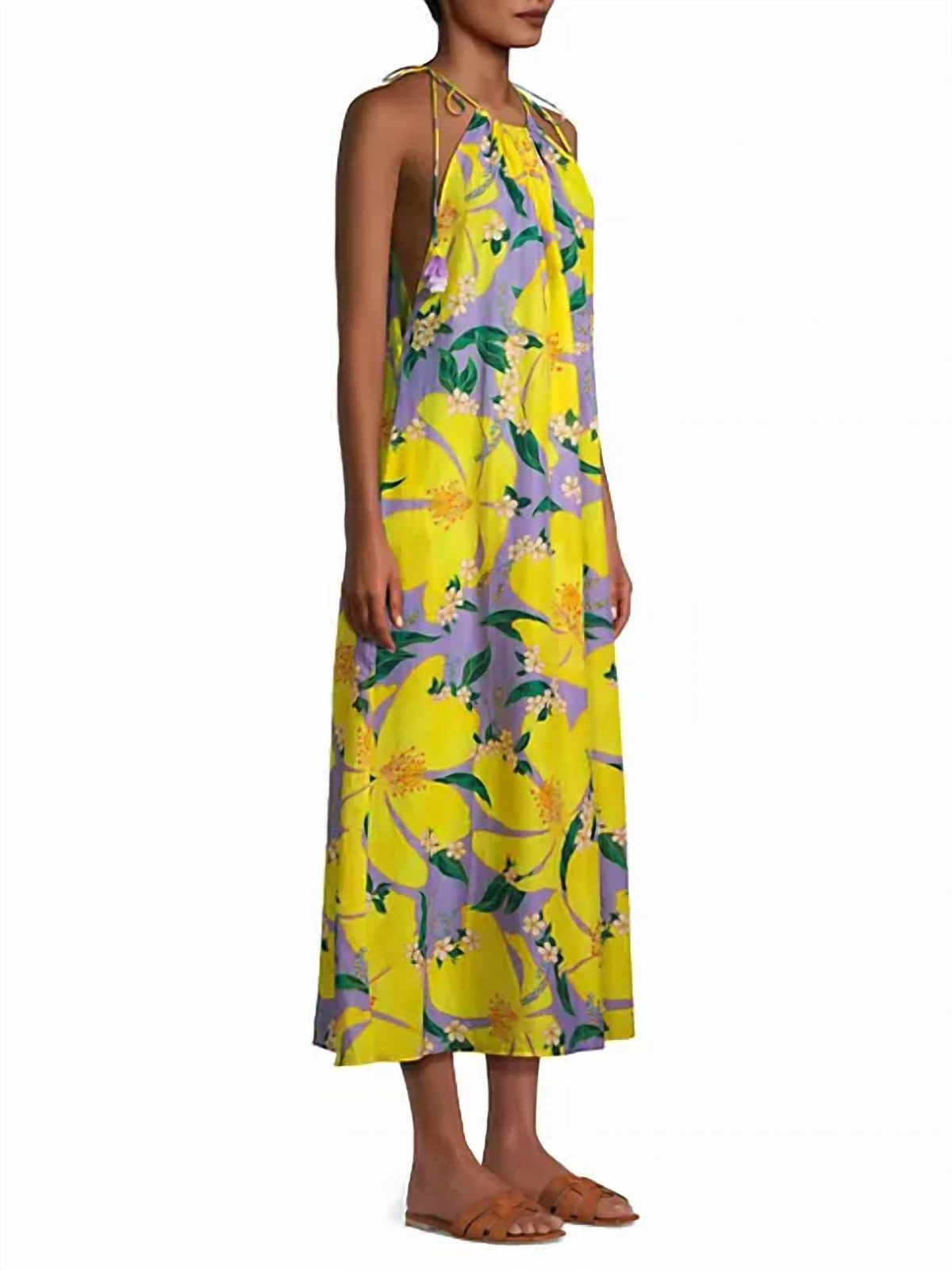 Style 1-988894292-2901 FARM RIO Size M Halter Floral Yellow Floor Length Maxi on Queenly