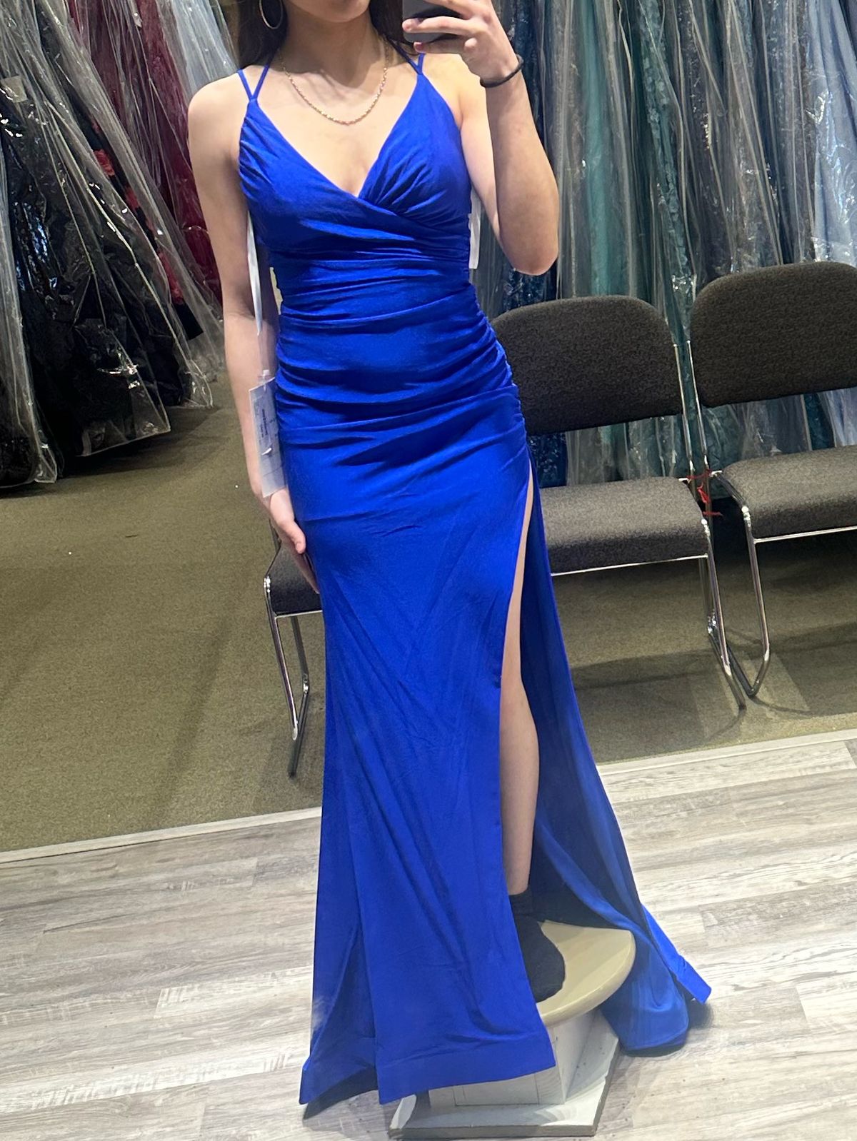 Size 0 Prom Plunge Blue Side Slit Dress on Queenly