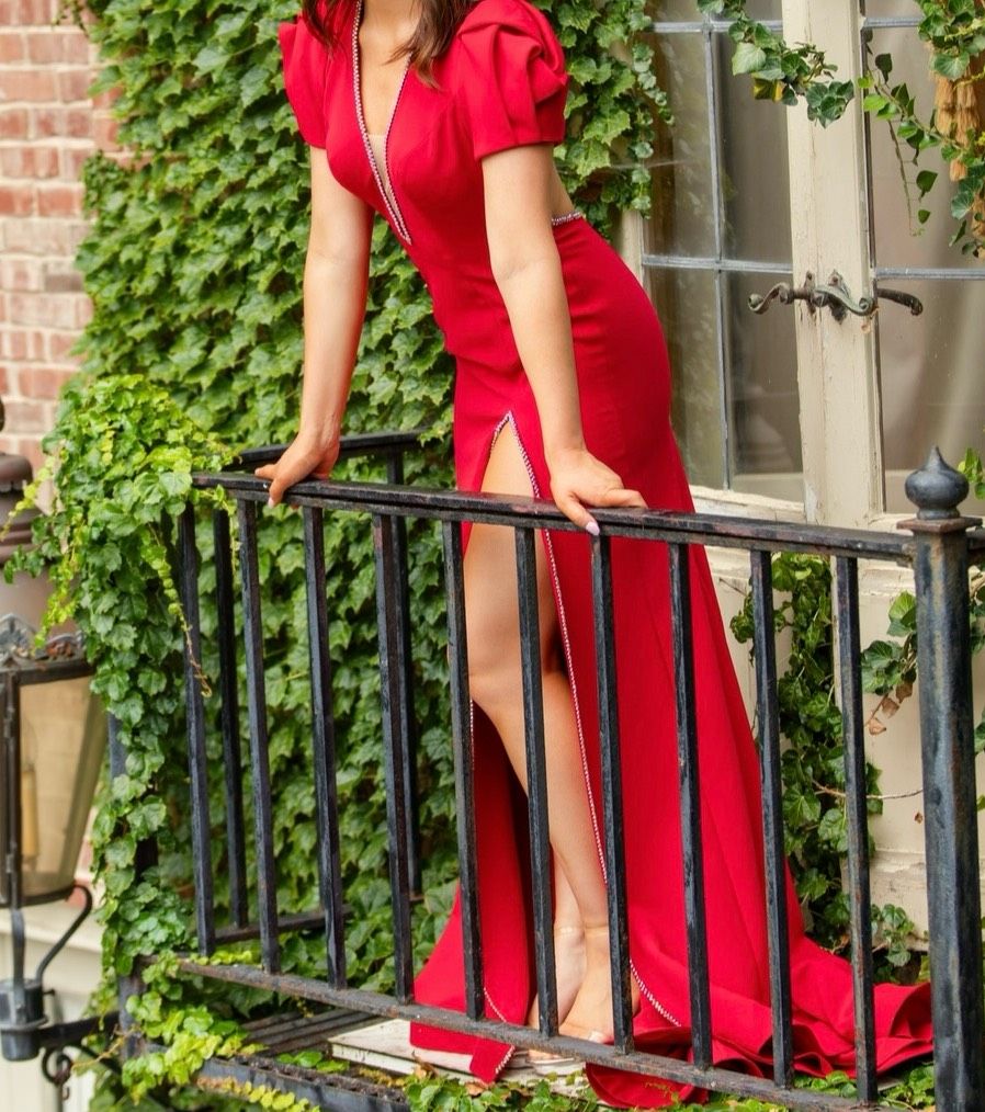 Jovani Size 4 Plunge Red Side Slit Dress on Queenly