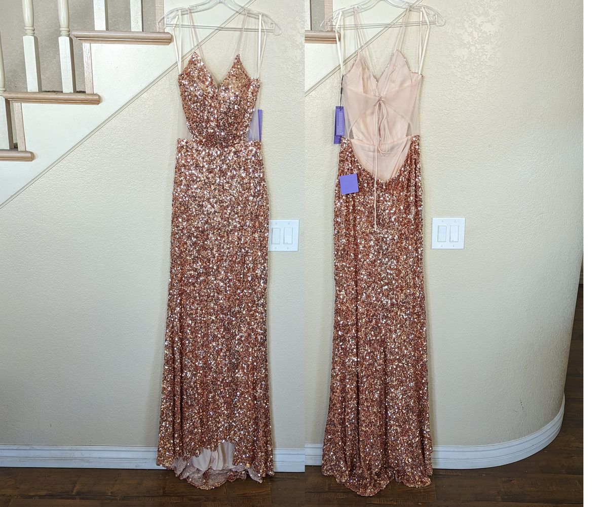 Style Formal Rose Gold Sequin Cutout Prom Dress Cinderella Size 12 Prom Plunge Sheer Pink Mermaid Dress on Queenly