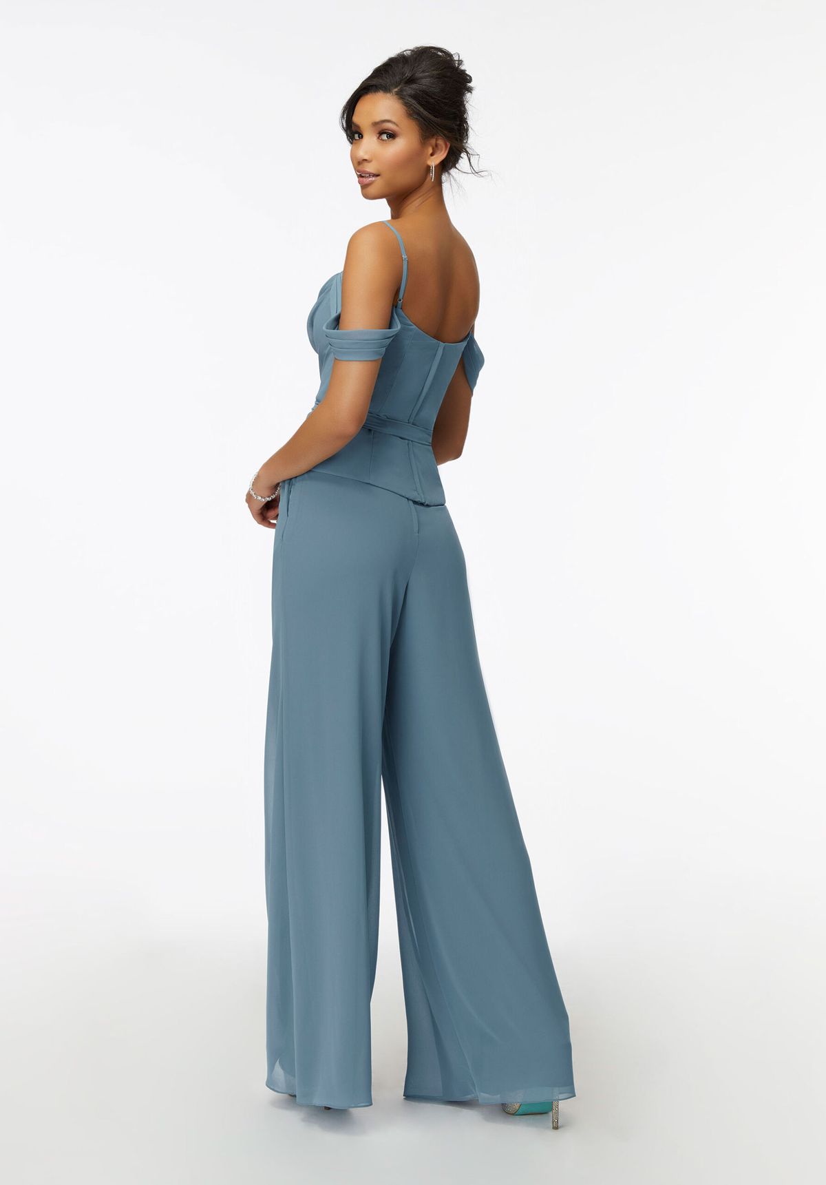 Style CHARITY MoriLee Size 12 Off The Shoulder Blue Formal Jumpsuit on Queenly