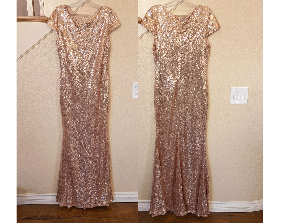 Style Rose Gold Sequined Formal Dress Size 6 Wedding Guest Sheer Pink Mermaid Dress on Queenly