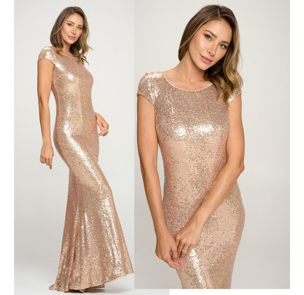 Style Rose Gold Sequined Formal Dress Size 6 Wedding Guest Sheer Pink Mermaid Dress on Queenly