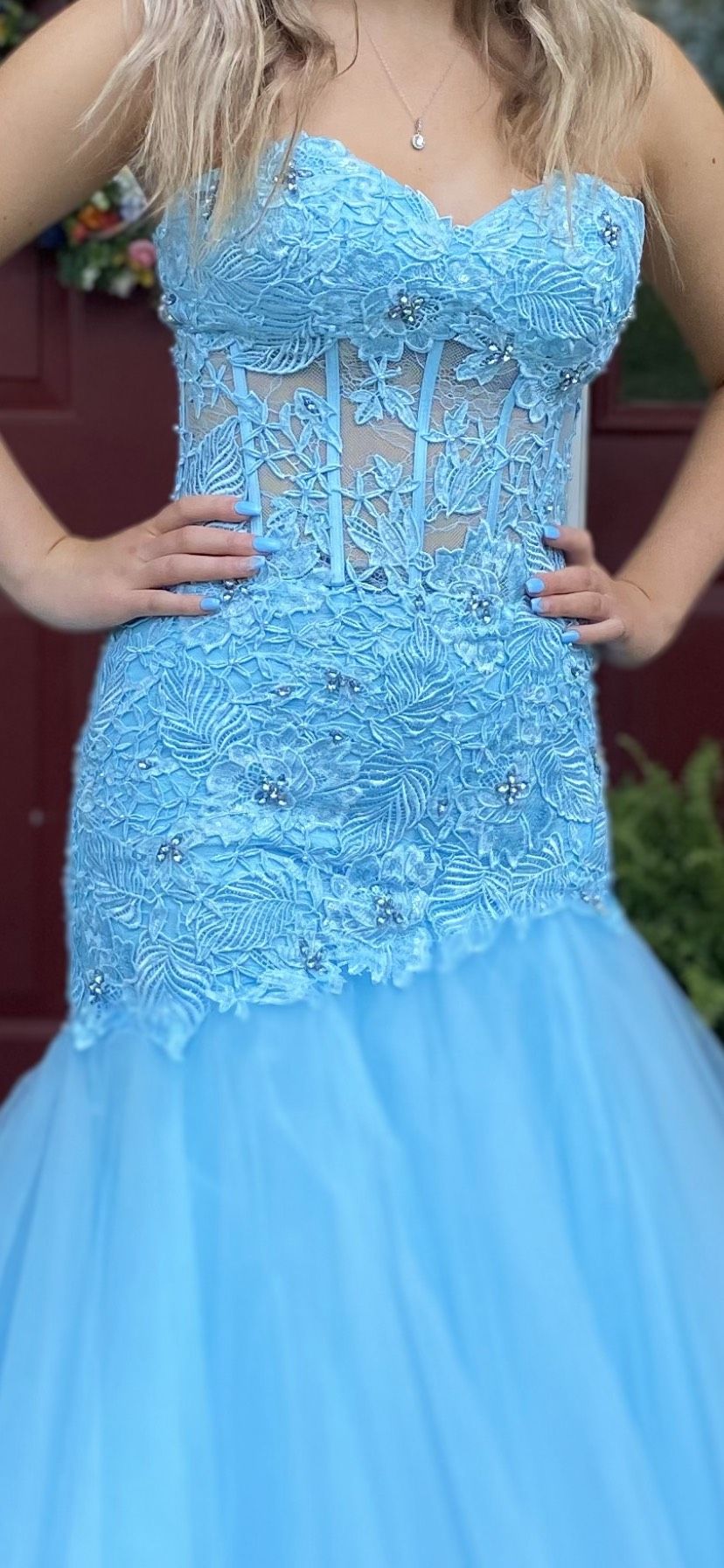 Style 55488 Sherri Hill Size 4 Prom Strapless Blue Mermaid Dress on Queenly