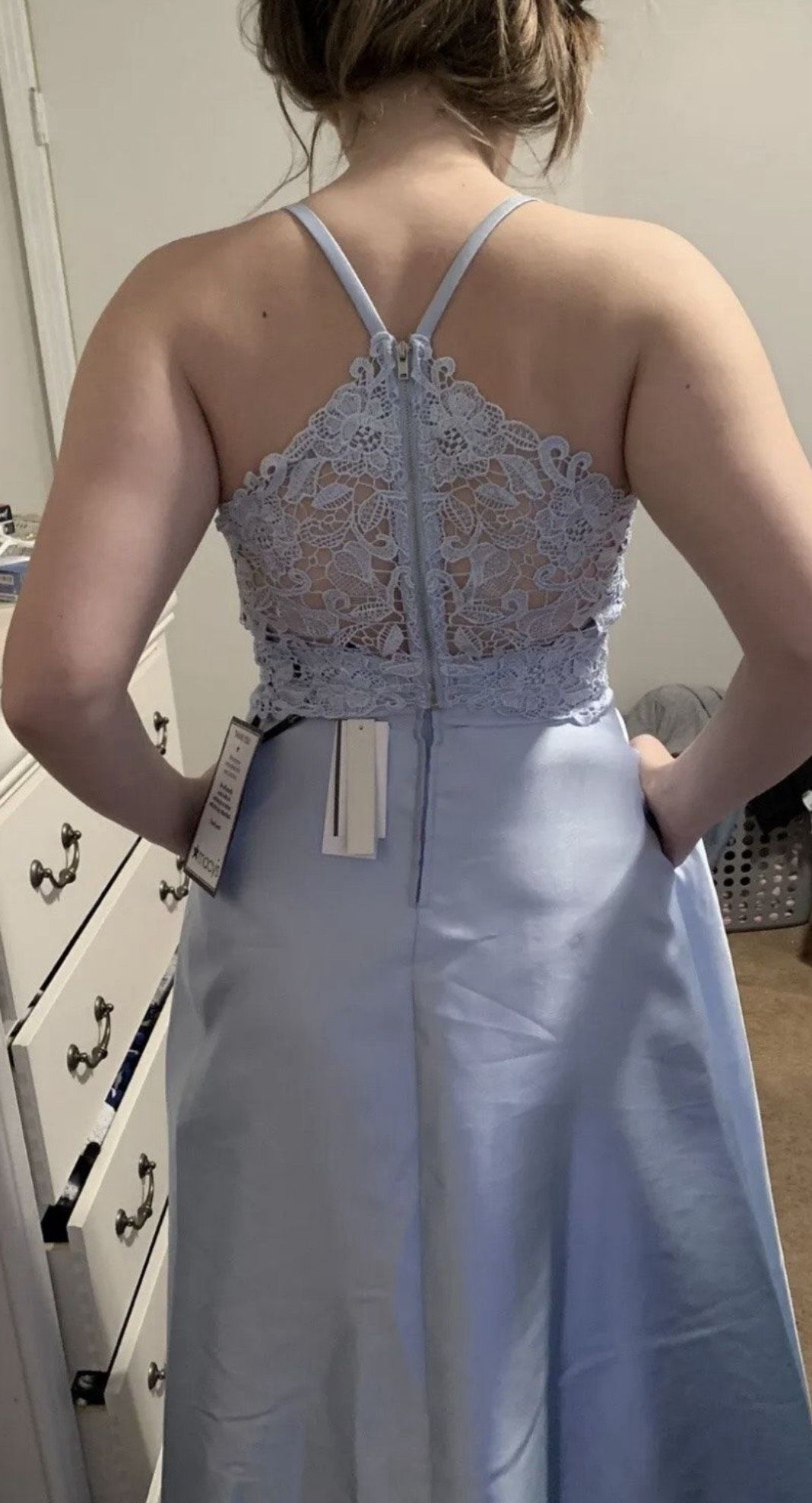 Size 8 Prom Plunge Light Blue Side Slit Dress on Queenly