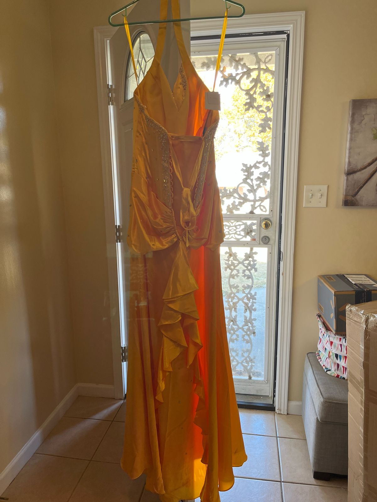 Size 12 Prom Halter Yellow Floor Length Maxi on Queenly