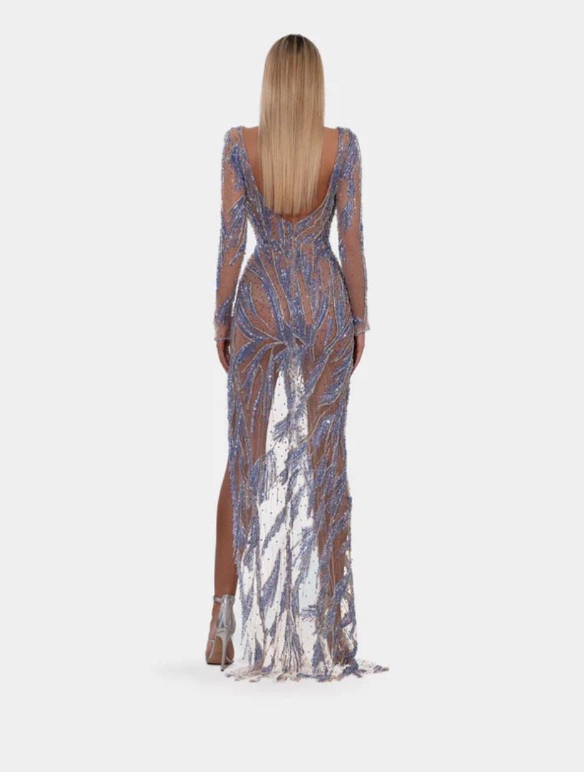 Style Long Blue V line Dress Albina Dyla Size S Pageant Plunge Sheer Blue Side Slit Dress on Queenly