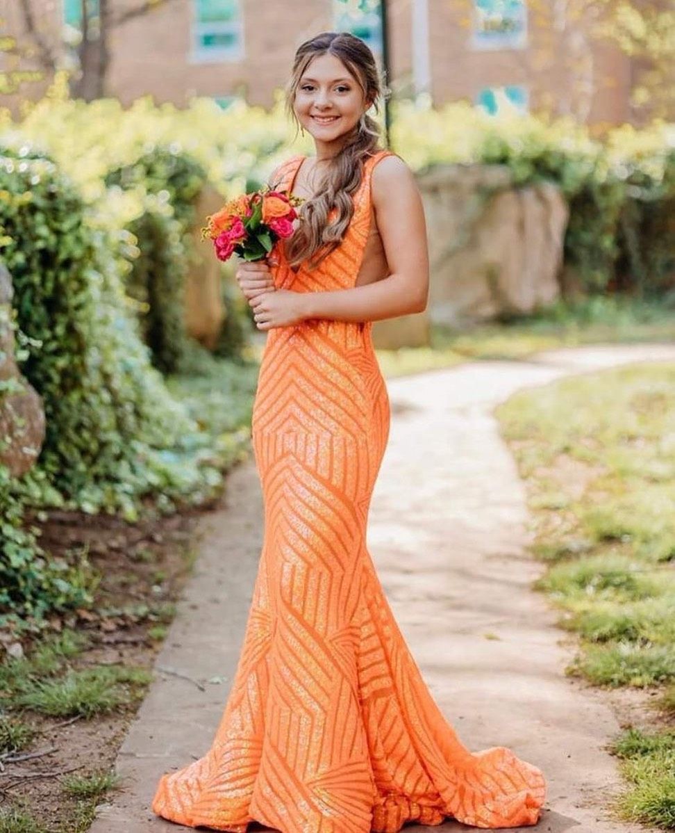 Jovani Size 4 Pageant Plunge Orange Mermaid Dress on Queenly