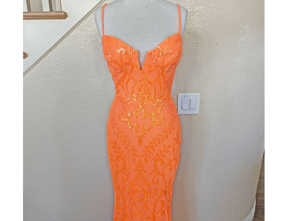 Style Neon Orange Sequin Formal Dress Size 0 Homecoming Plunge Orange Mermaid Dress on Queenly
