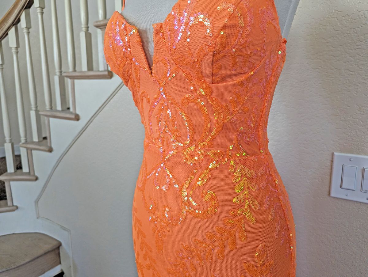 Style Neon Orange Sequin Formal Dress Size 0 Homecoming Plunge Orange Mermaid Dress on Queenly