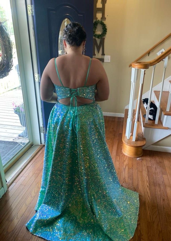 Plus Size 16 Prom Plunge Sheer Green Floor Length Maxi on Queenly