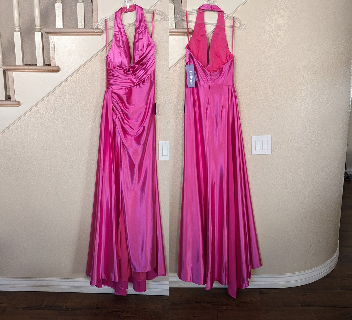 Style Fuchsia Halter Side Slit Satin Dress Size 2 Prom Halter Hot Pink Side Slit Dress on Queenly