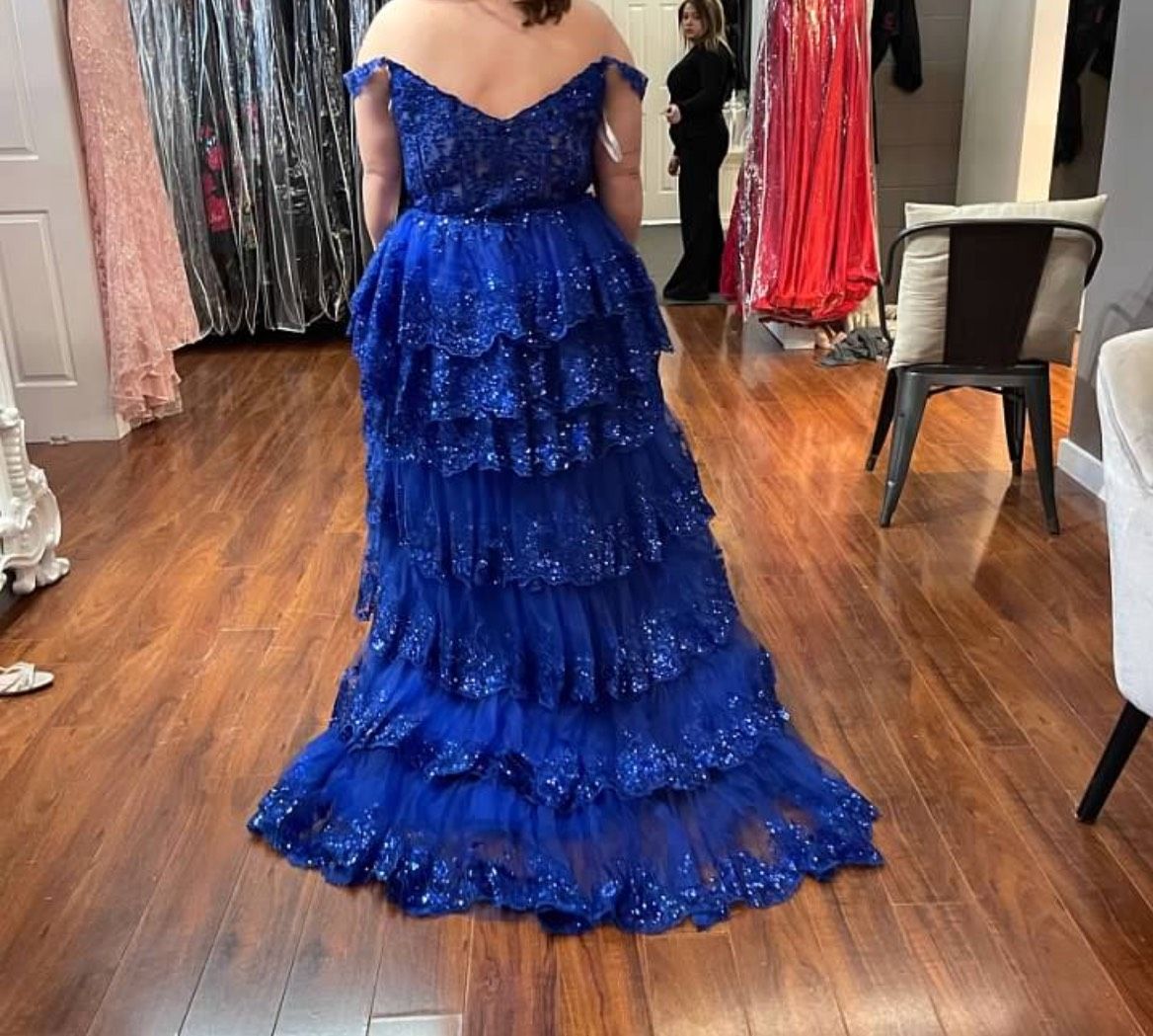 Style 55500 Sherri Hill Plus Size 20 Prom Plunge Sheer Blue A-line Dress on Queenly