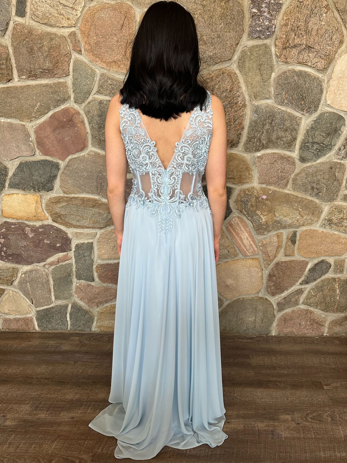 Style 2210531 Dave and Johnny Size 6 Bridesmaid Plunge Lace Light Blue A-line Dress on Queenly