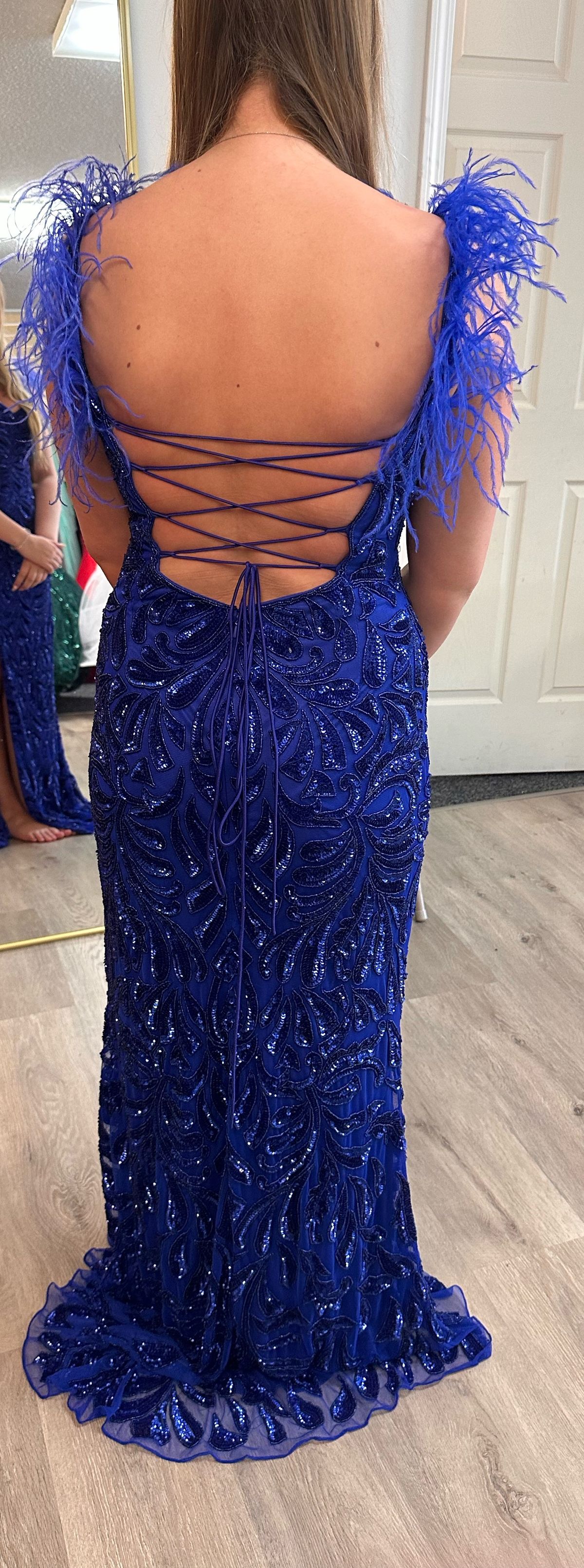 Primavera Size 8 Prom Plunge Sequined Royal Blue Side Slit Dress on Queenly