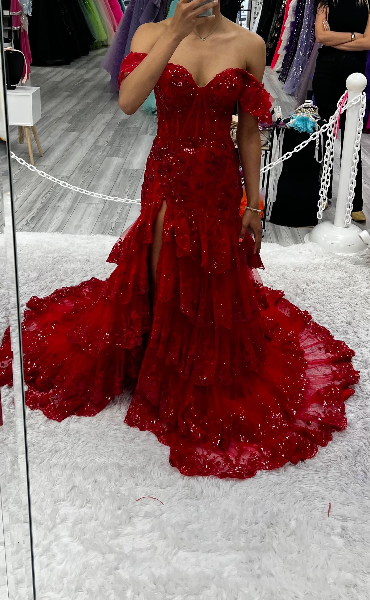 Style 55801 Sherri Hill Size 2 Prom Off The Shoulder Lace Red Ball Gown on Queenly