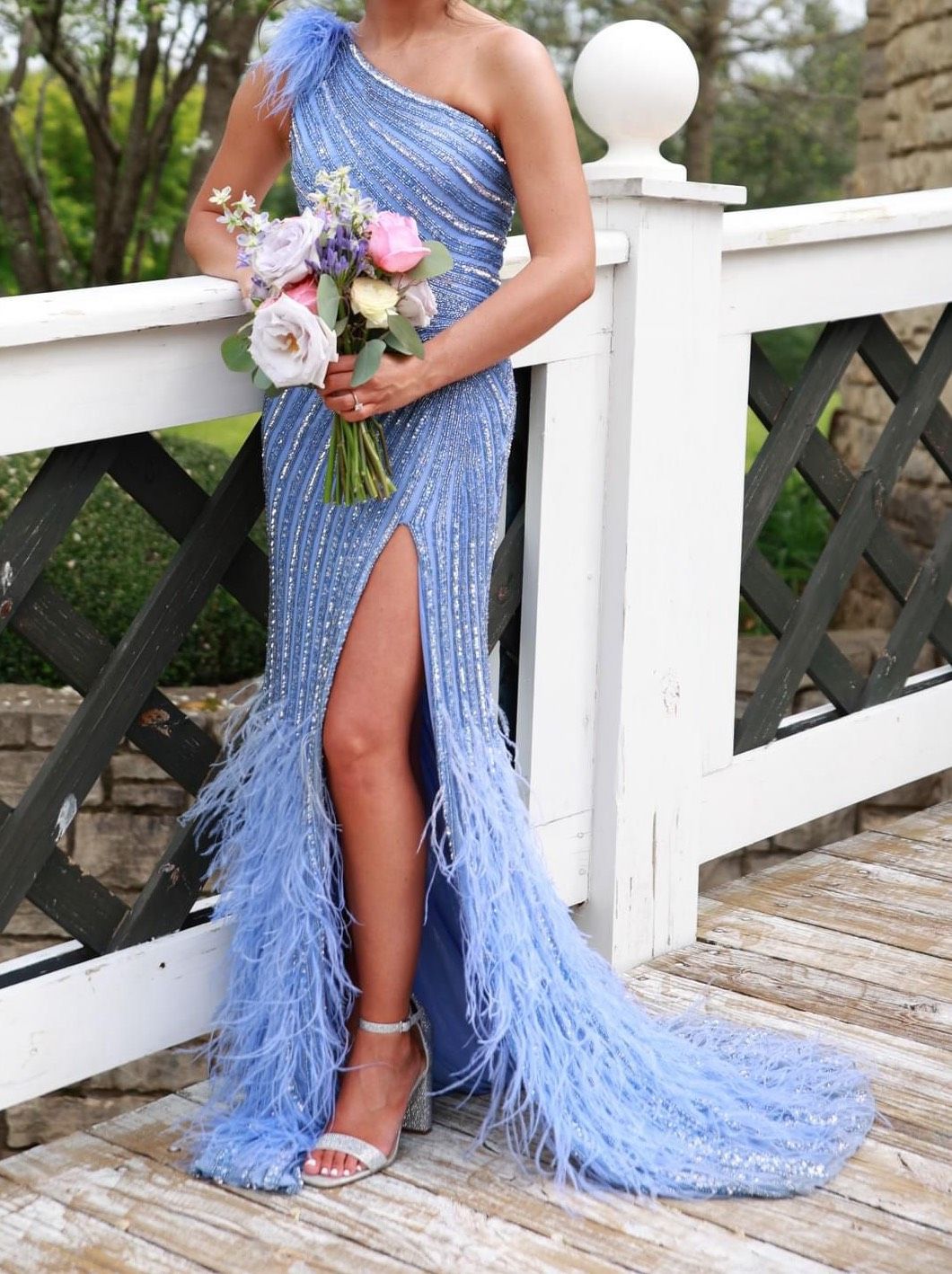 Style 54395 Sherri Hill Size 0 Prom One Shoulder Sequined Light Blue A-line Dress on Queenly