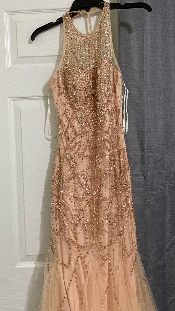 Camille La Vie Size 6 Prom High Neck Sequined Rose Gold Mermaid Dress on Queenly
