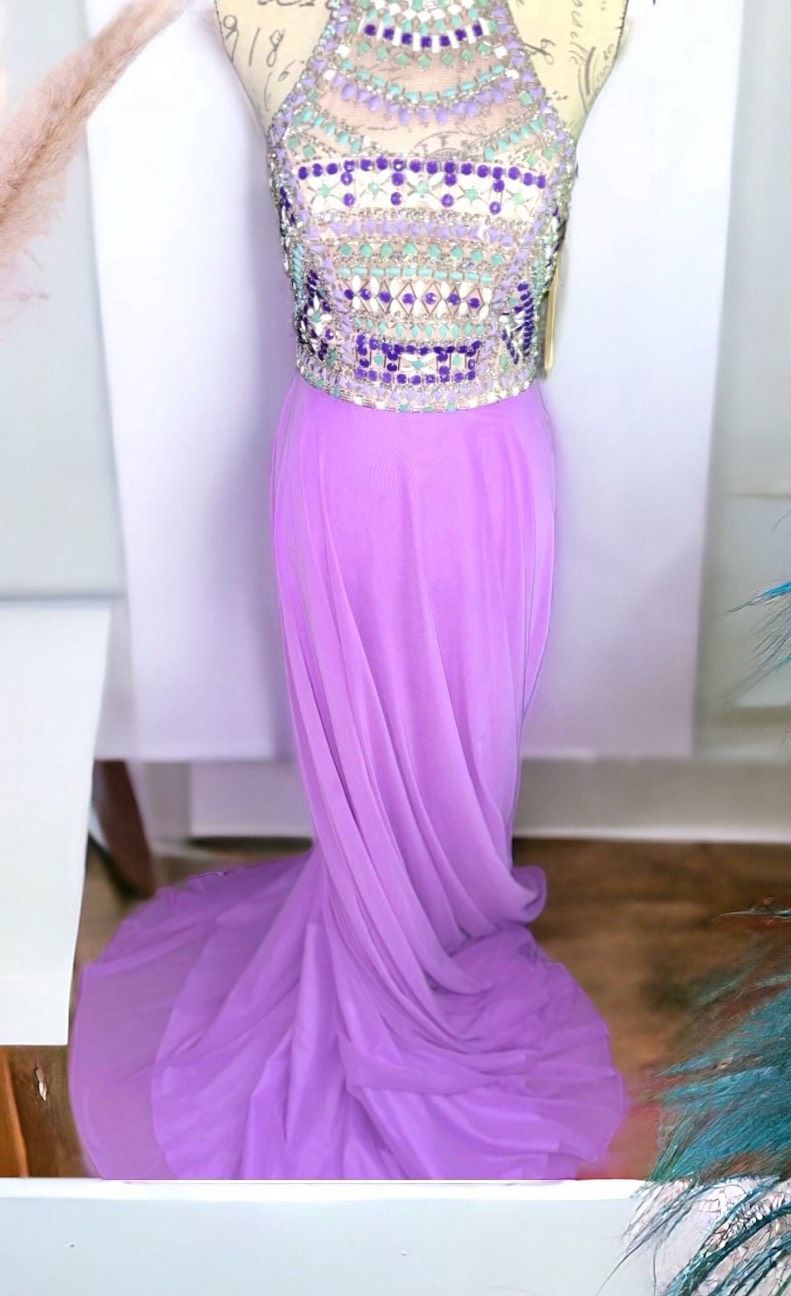 Style A4550 Dave and Johnny Size 2 Prom High Neck Sequined Multicolor Floor Length Maxi on Queenly