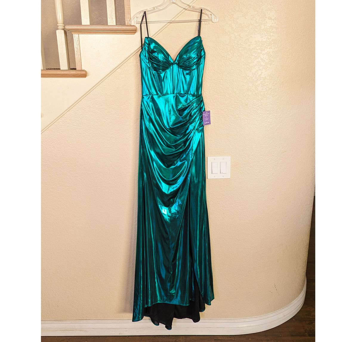Style Emerald Green Metallic Corset Formal Dress  Cinderella  Size 6 Prom Strapless Green Side Slit Dress on Queenly