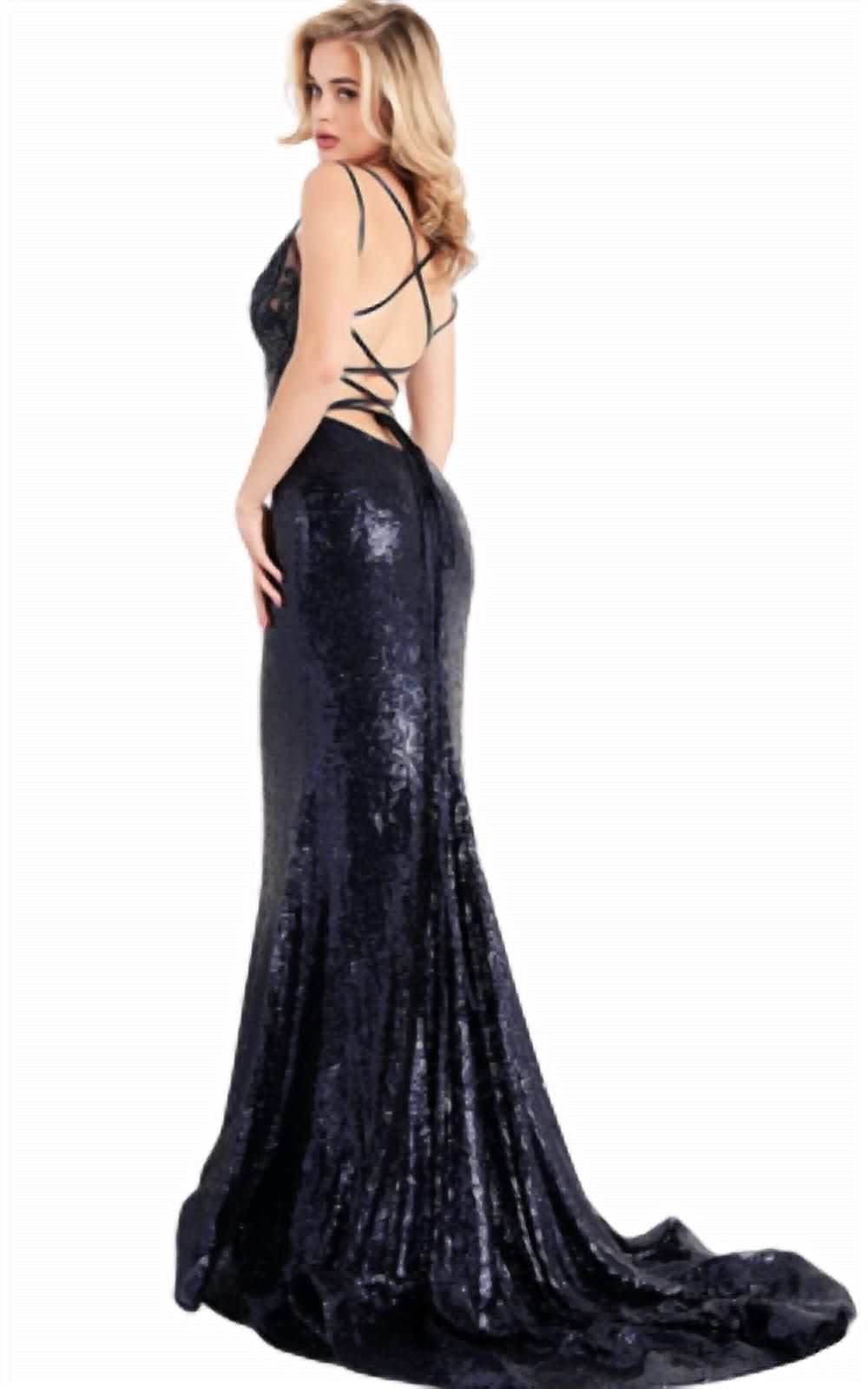 Style 1-268942472-425 JOVANI Size 8 Lace Navy Blue Mermaid Dress on Queenly