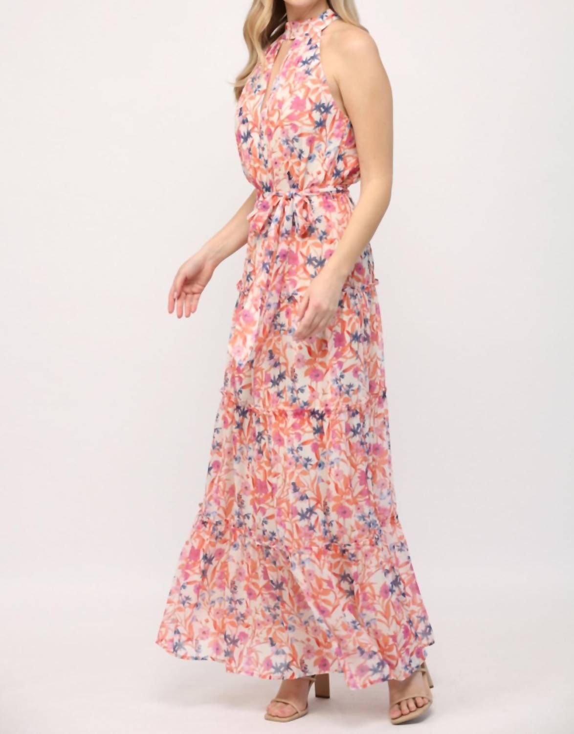 Style 1-3942837727-74 Fate Size S Halter Floral Orange Floor Length Maxi on Queenly