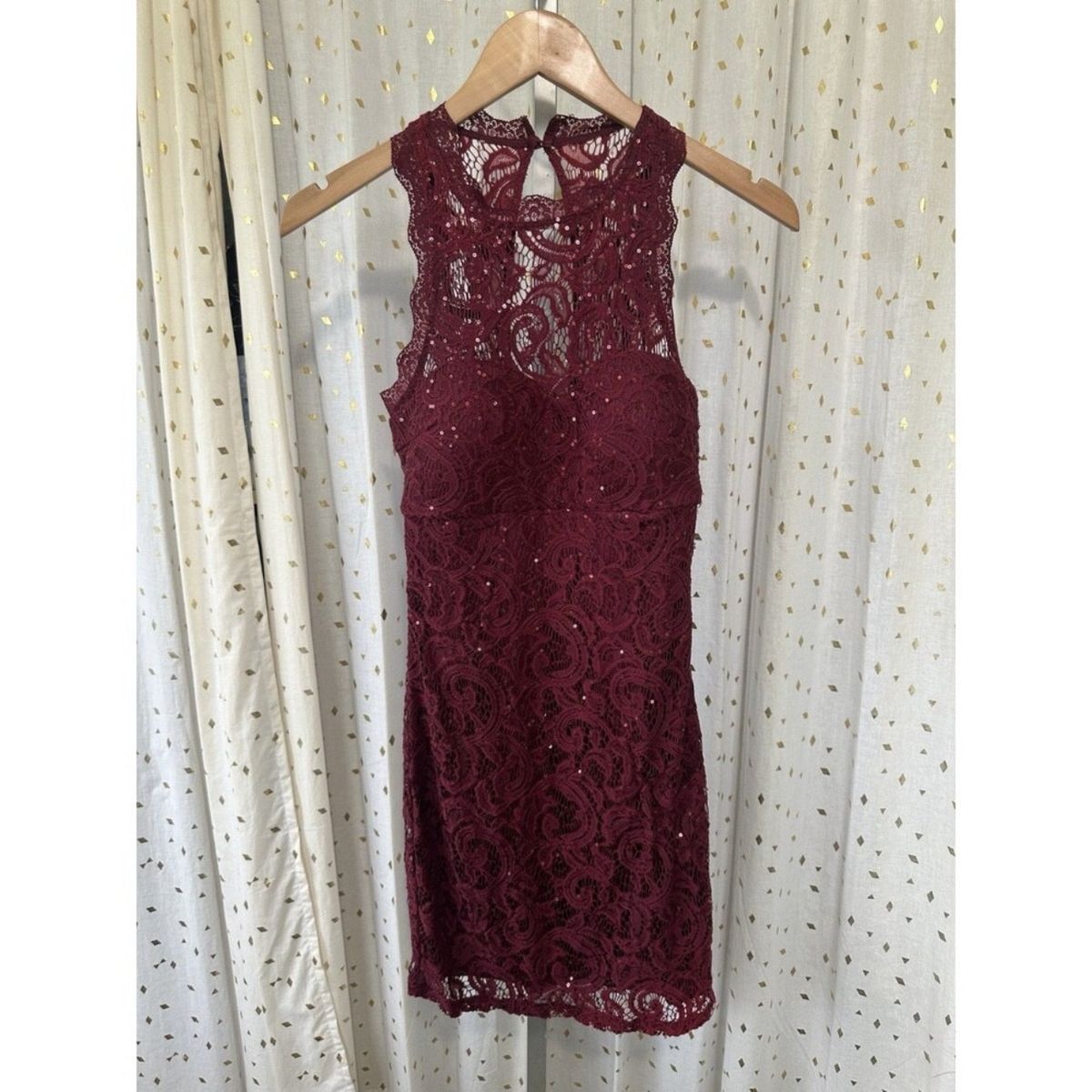 Soprano Size S Prom High Neck Lace Burgundy Red Cocktail Dress on Queenly