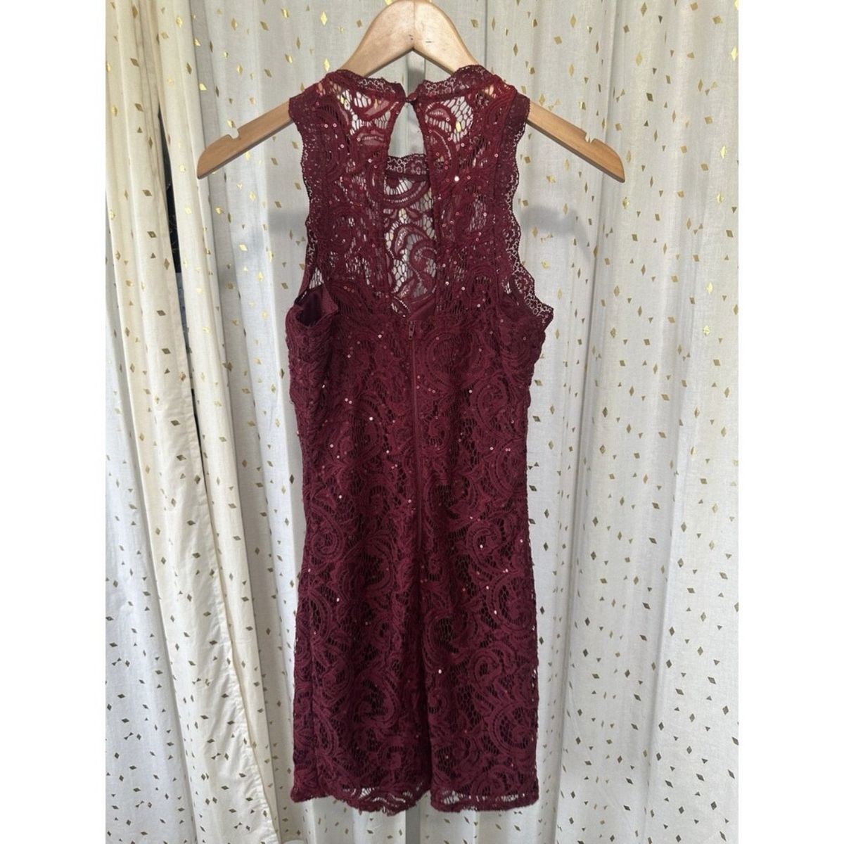 Soprano Size S Prom High Neck Lace Burgundy Red Cocktail Dress on Queenly