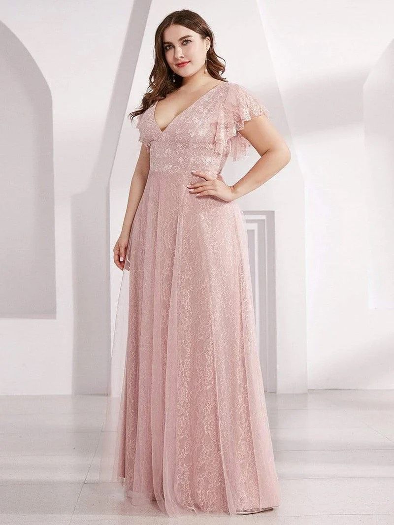 Style EP00857PK20 Ever Pretty Plus Size 20 Bridesmaid Plunge Lace Pink A-line Dress on Queenly