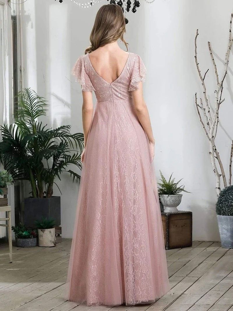 Style EP00857PK20 Ever Pretty Plus Size 20 Bridesmaid Plunge Lace Pink A-line Dress on Queenly