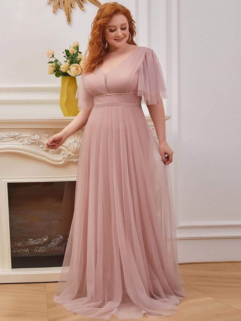 Style EE00278PK04 Ever Pretty Plus Size 20 Bridesmaid Plunge Pink A-line  Dress on Queenly