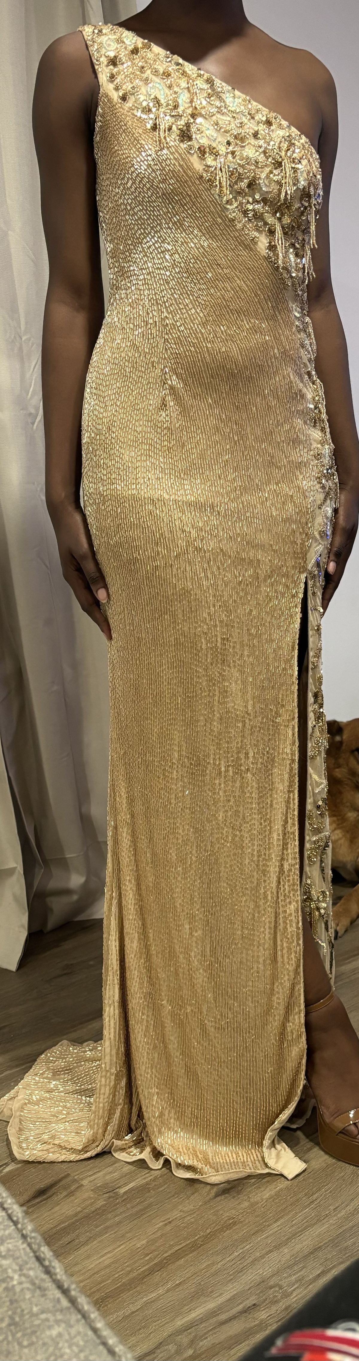 Style 94035 Amarra Size 0 Prom One Shoulder Gold Side Slit Dress on Queenly