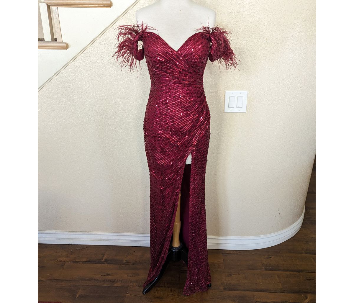 Style Off the Shoulder Sweetheart Sequined & Feather Dress  Size 10 Prom Off The Shoulder Red Side Slit Dress on Queenly
