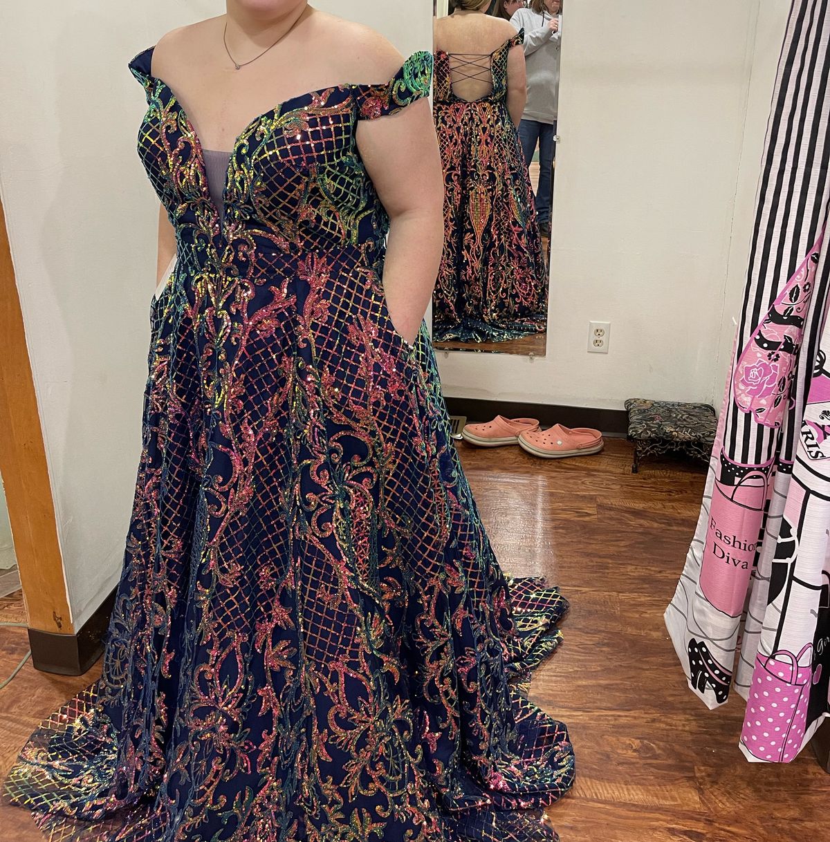 Plus Size 20 Prom Off The Shoulder Multicolor Ball Gown on Queenly