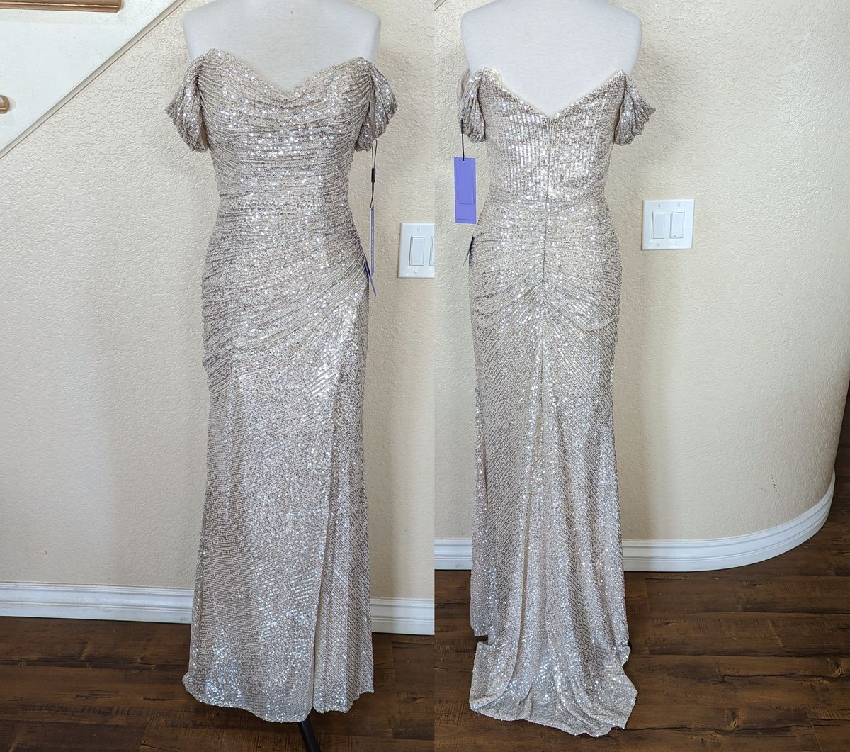 Style Silver Champagne Sequin Off the Shoulder Formal Dress Size 6 Prom Off The Shoulder Silver Side Slit Dress on Queenly
