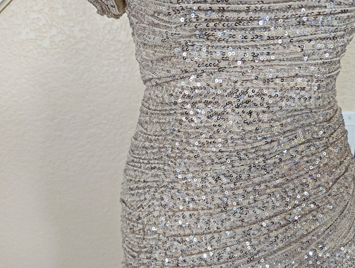 Style Silver Champagne Sequin Off the Shoulder Formal Dress Size 6 Prom Off The Shoulder Silver Side Slit Dress on Queenly