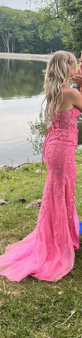 Size S Prom Strapless Lace Pink Mermaid Dress on Queenly