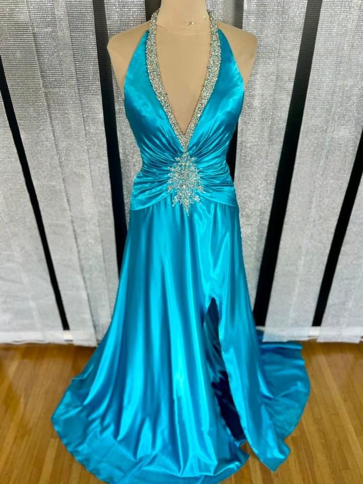Size 8 Prom Plunge Blue Side Slit Dress on Queenly