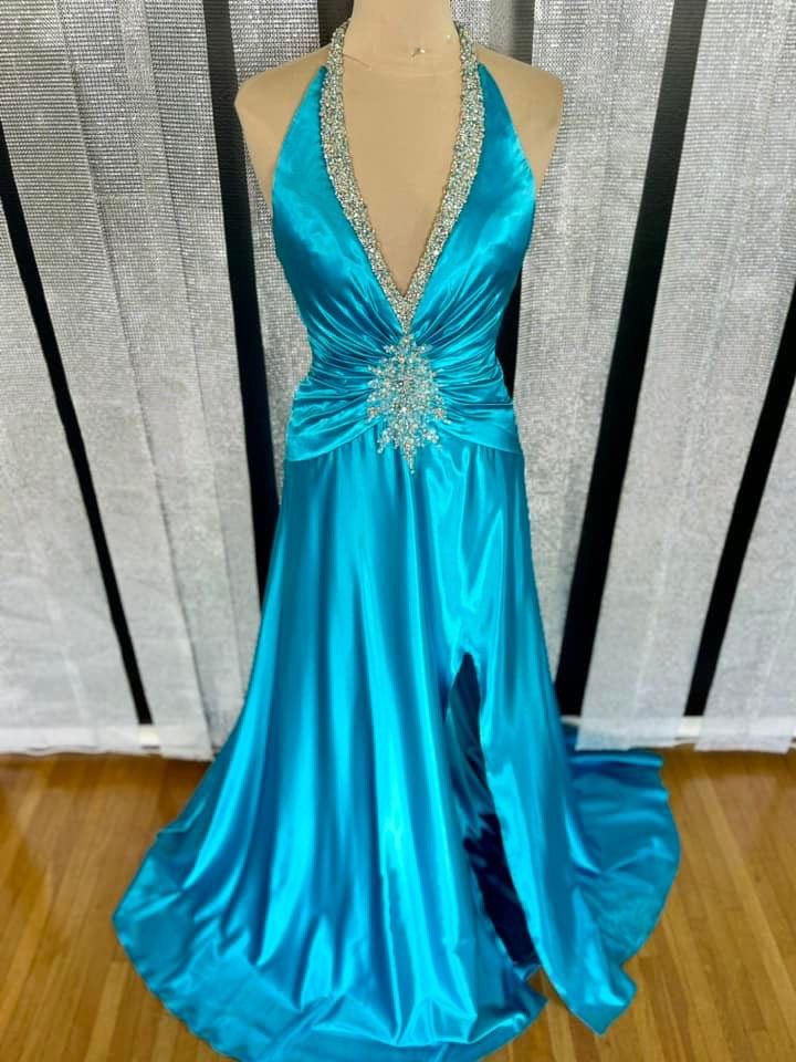 Size 8 Prom Plunge Sequined Blue Side Slit Dress on Queenly