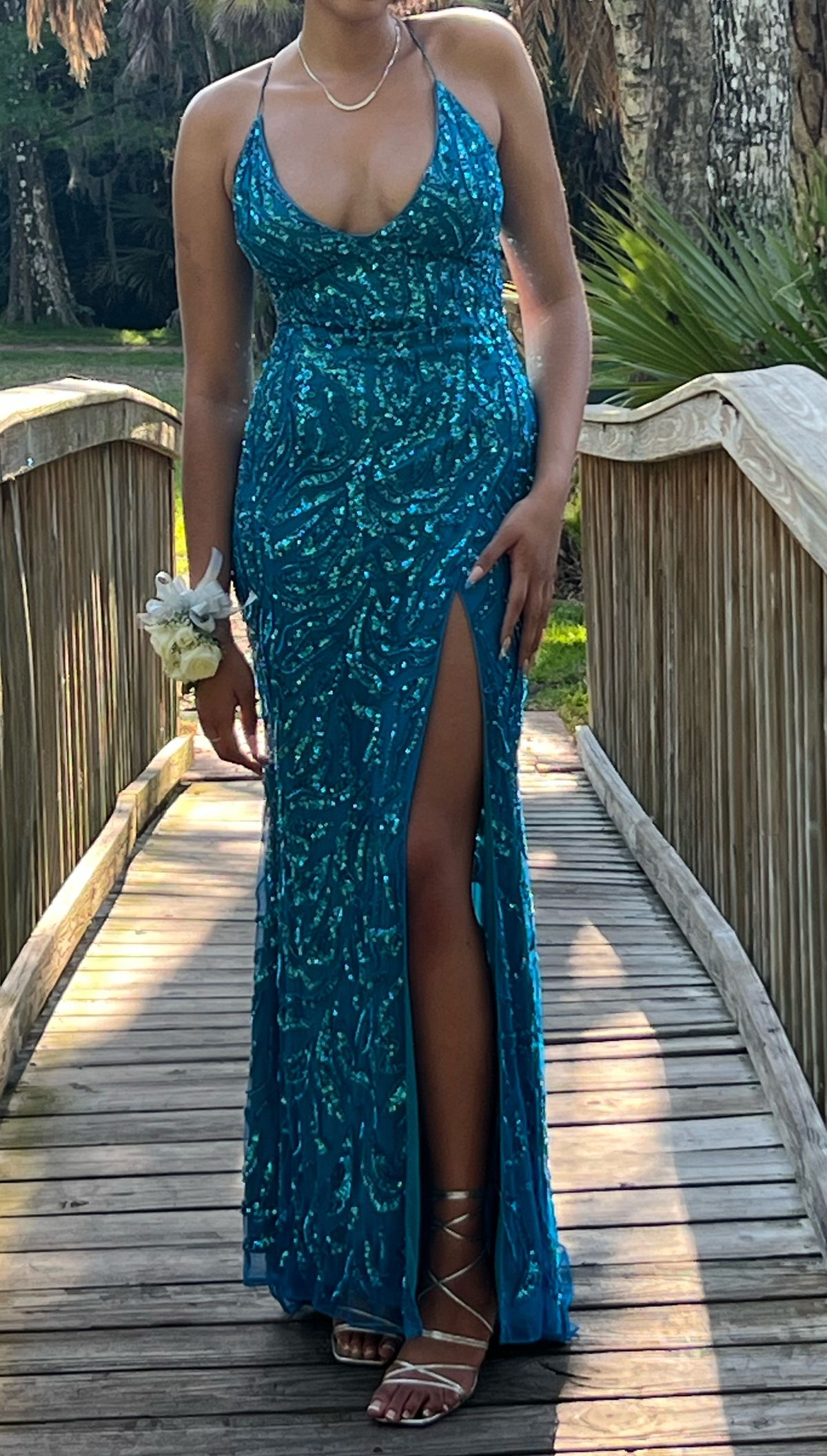 Style 4107 Primavera Size 8 Prom Plunge Blue Mermaid Dress on Queenly